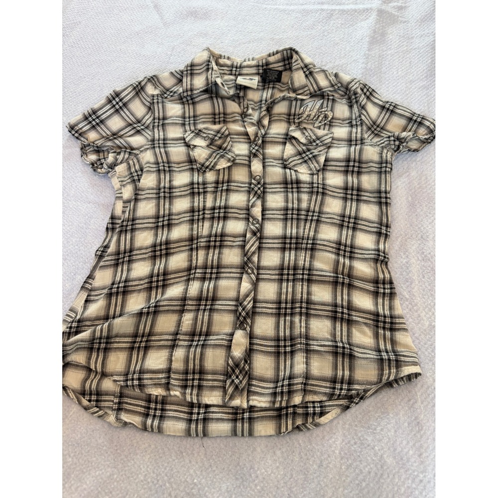 Harley-Davidson Womens Plaid Snap Front Shirt Rhinestone HD Logo Cream Black S